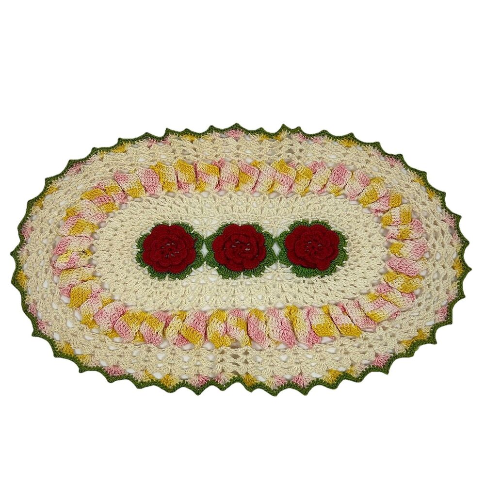 Vintage Handmade 3-Dimensional Floral Crocheted Oblong Doily 14.5" x 9” Cottage